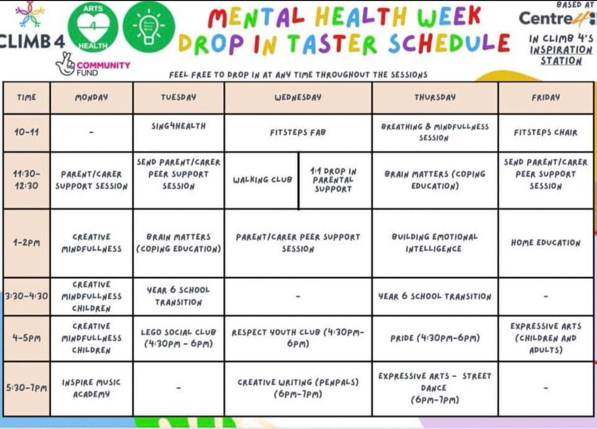 A great programme of sessions in line with Mental Health Awareness Week. For those parents, whose child has SEND, plead see the parent / carer support sessions, which may be of interest. The above timetable is for this week; classes will continue if possible, depending on need.