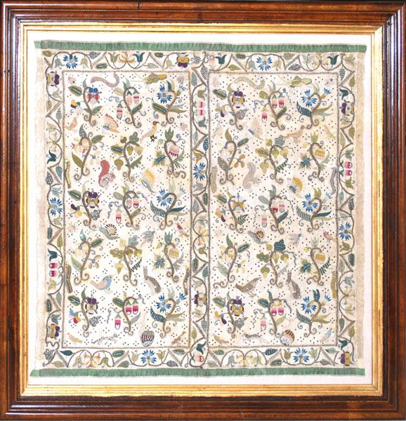 From our archive comes this Elizabethan book or folio cover. Its floral pattern is delicate and detailed, with threads whose colours remain vibrant more than 400 years after they were stitched. Nestled amongst the flowers are tiny birds, squirrels, rabbits, and insects