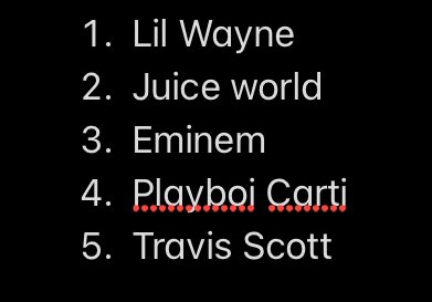 Top 5 Rappers
#LilWayne #JuiceWorld #Eminem #PlayBoiCarti #TravisScott