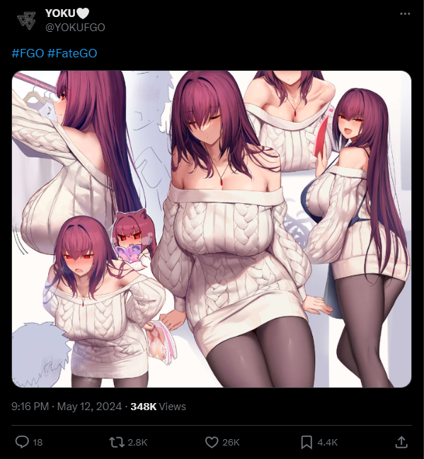 An account that just reposts art getting more likes than the actual artist's post is just foul; especially when this artist does some of the best Scathach art I've ever seen. It doesn't matter if you have 'Please support the artists' in your bio, this shit sucks. Just retweet.