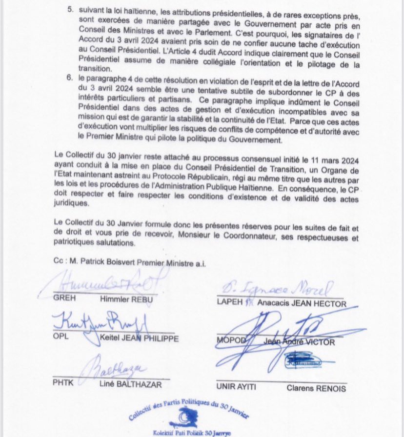 clindoeilinfo1's tweet image. Le Collectif du 30 janvier rejette, d’un revers de main, la résolution signée, vendredi dernier, par les membres du Conseil Présidentiel de Transition. Dans une lettre adressée, ce lundi 13 mai 2024, au Coordonnateur du Conseil, #PHTK, #OPL, #GREH, #UNIR, #LAPEH, et #MOPOD
