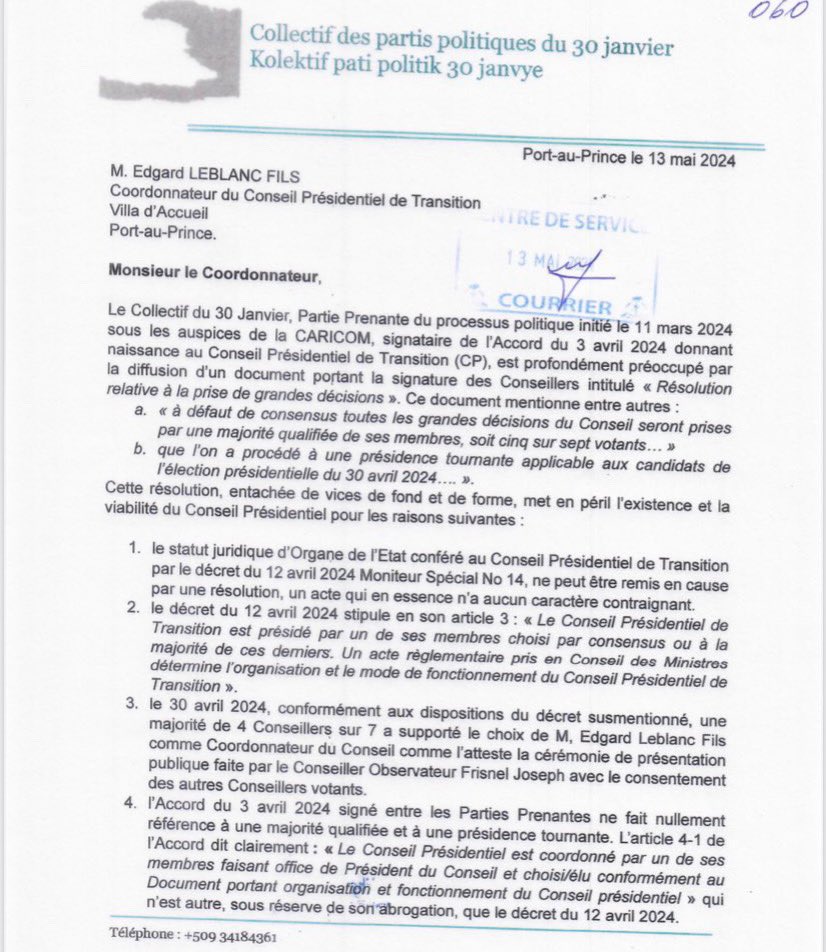 clindoeilinfo1's tweet image. Le Collectif du 30 janvier rejette, d’un revers de main, la résolution signée, vendredi dernier, par les membres du Conseil Présidentiel de Transition. Dans une lettre adressée, ce lundi 13 mai 2024, au Coordonnateur du Conseil, #PHTK, #OPL, #GREH, #UNIR, #LAPEH, et #MOPOD