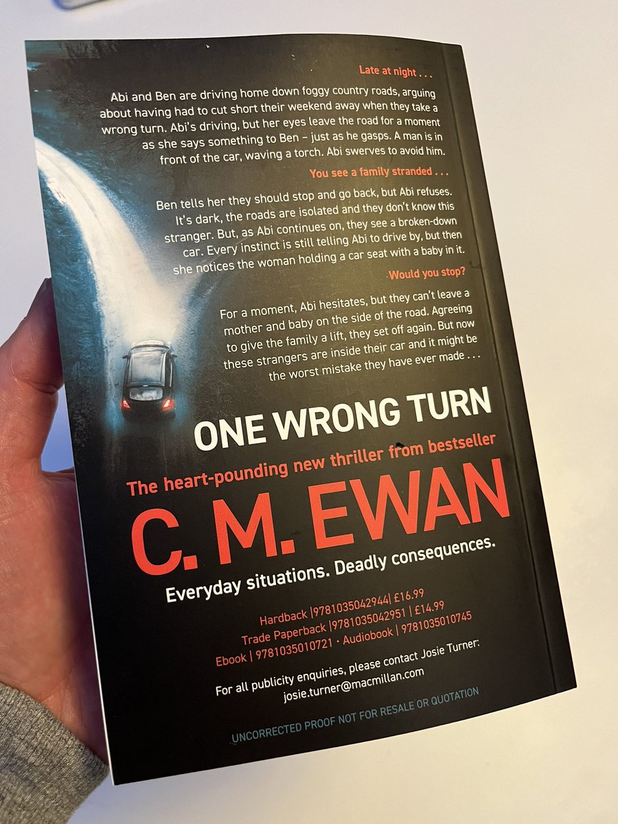 An exciting post day. This is the first time I’ve been able to hold an advance reader copy of #OneWrongTurn in my hand.