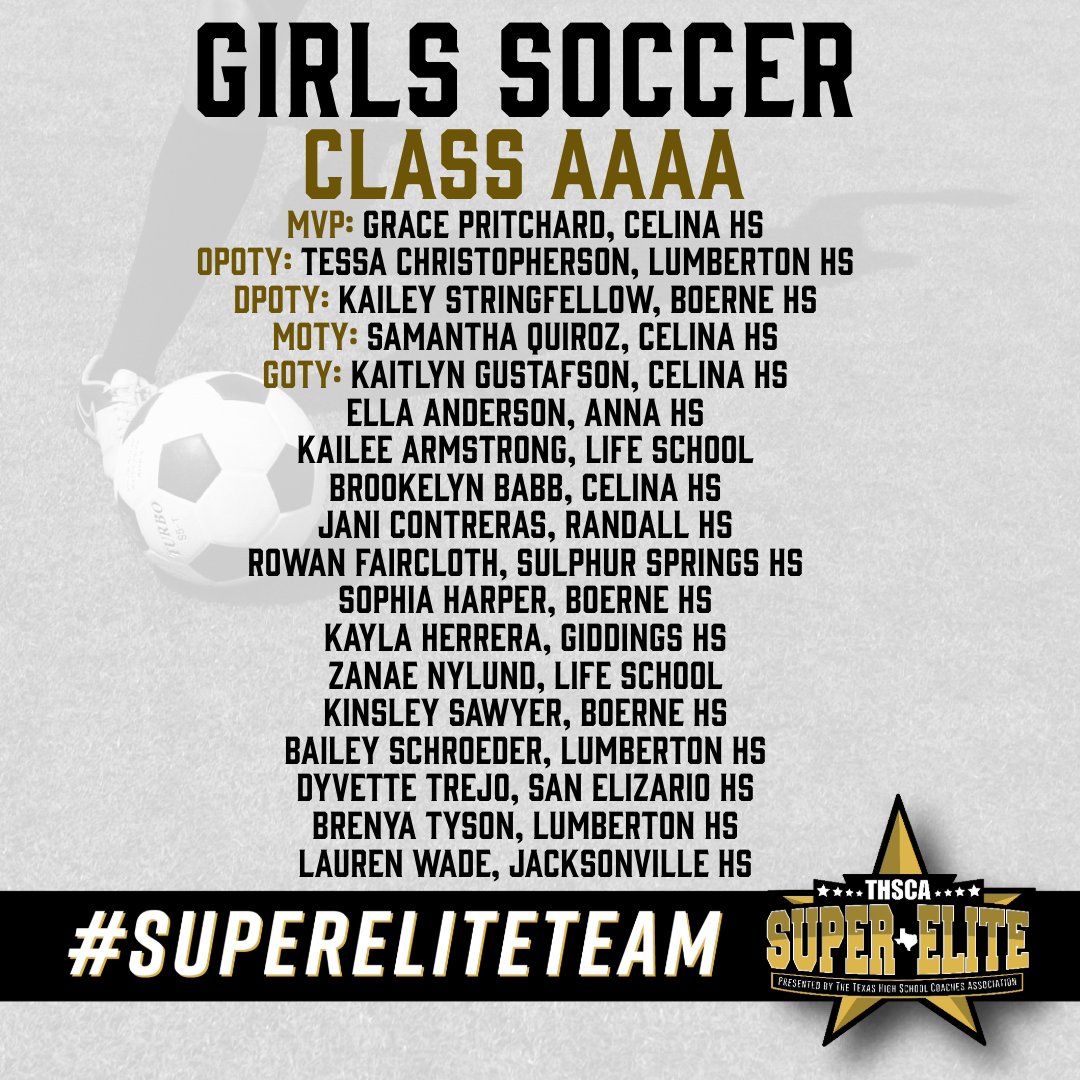 THSCAcoaches's tweet photo. Here are the 4A Girls Soccer #SuperEliteTeam recipients! ⚽🤩 These athletes are very deserving👏 #THSCAproud

🔗Click here to view the full list: https://t.co/IpcYxUZQUf https://t.co/0MjVav0g5U