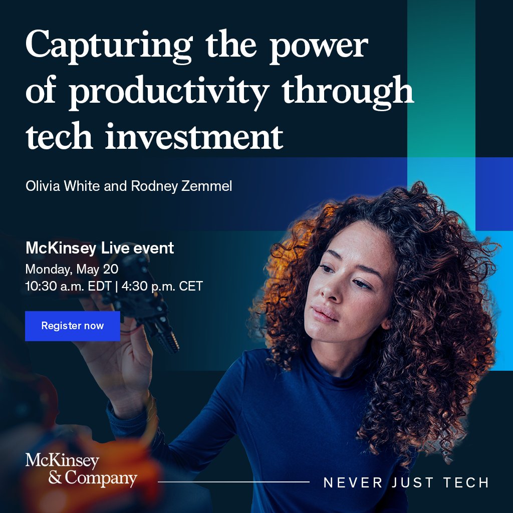 Productivity is crucial for prosperity, especially now with the emergence of technologies like gen AI. Join us May 20 at 10:30 a.m. EDT where we'll discuss live the importance of productivity growth and the role of investment in accelerating it. mck.co/3QKSKZb