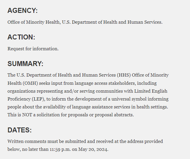 #ICYMI: OMH is asking for public comments to help inform the development of a language assistance symbol. Take a look at this Request for Information and submit your comments no later than 11:59 p.m. on May 20, 2024: federalregister.gov/documents/2024…