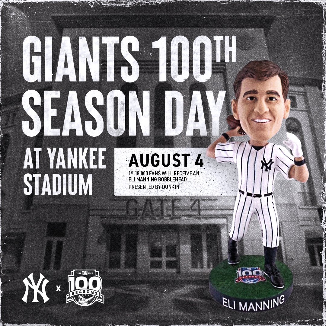 Aug. 4th is 'Giants 100th Season Day' at Yankee Stadium! The first 18,000 fans will receive an Eli Manning bobblehead, plus Eli will throw out the first pitch and much more!

Secure your tickets 🎟️: bit.ly/4b6NPK9