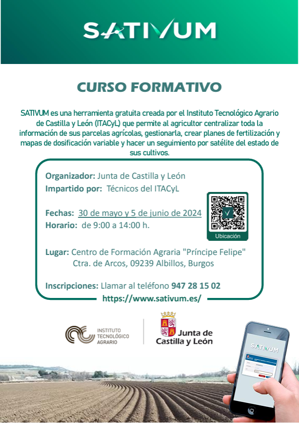 ITACYL's tweet photo. Nuevo curso formativo sobre #SATIVUM en Burgos 
📅 30 de mayo y 5 de junio 
📍 Centro de Formación Agraria "Príncipe Felipe", Albillos (Burgos)
✍️☎️ 947 28 15 02
#ITACyL https://t.co/U6RFrVFd10