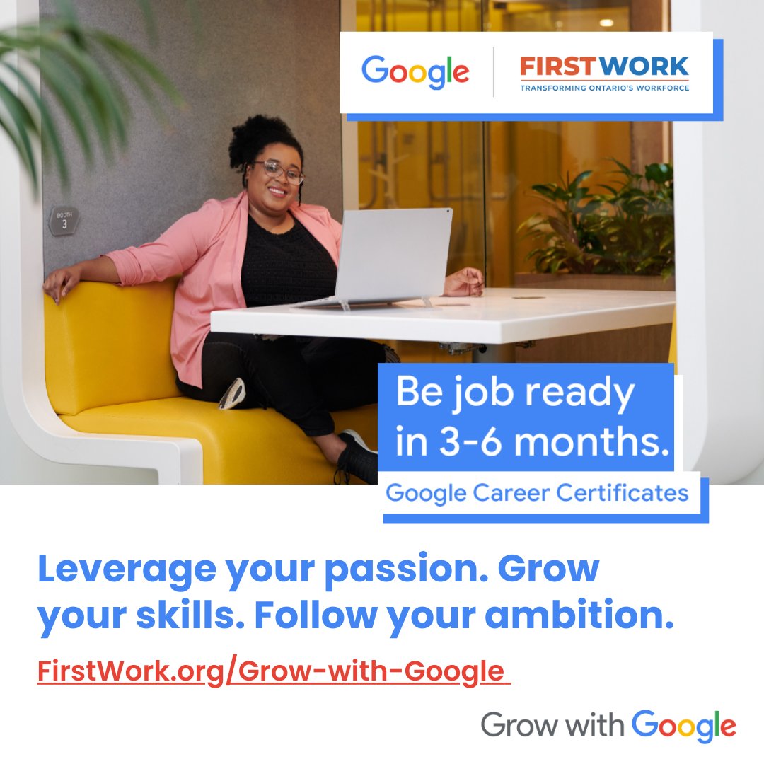 Have you heard about our partnership with Google Canada?

First Work and #GrowWithGoogle are now offering scholarships for the Google Career Certificate - designed to enhance skills and open doors to promising career opportunities in just 3-6 months: ow.ly/jzZR50RCbGk