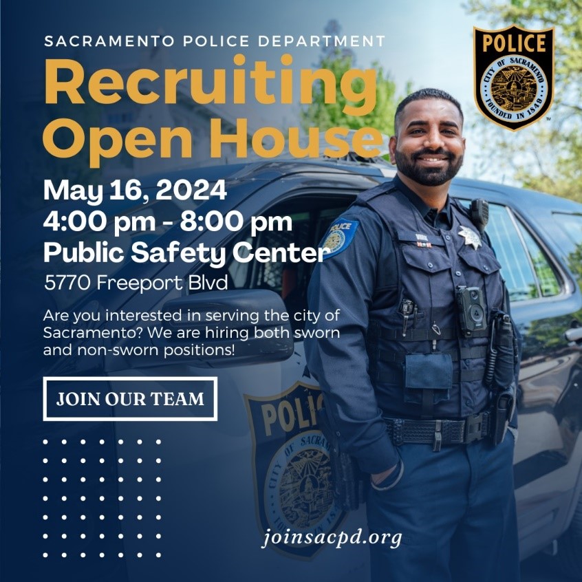 Explore career opportunities with @SacPolice at this upcoming open house! 🗓️ May 16, 4–8 p.m. 📍 Sacramento Public Safety Center, 5770 Freeport Blvd. Learn more: wp.me/p3ZwPQ-86T