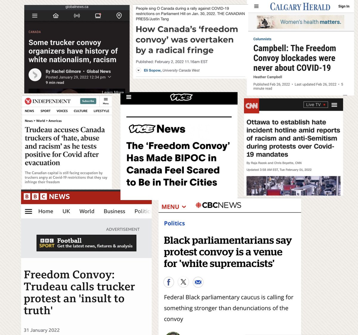 Here is just a fraction of the headlines The Freedom Convoy Protest was up against. All of them lies, all of them were to create an unwarranted hatred towards them. Has anyone seen headlines like this for any other protests ever? This is what happens in Canada when you protest…