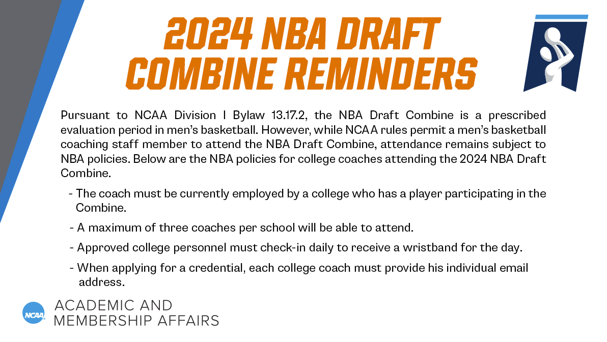 🔔Attention Division I Men's Basketball Coaches🔔

Reminder: During the NBA Draft Combine, college coaches are only permitted to attend on-court sessions on May 13, 14 and 15, subject to NBA policies and procedures.

For more information, check out the graphic below.