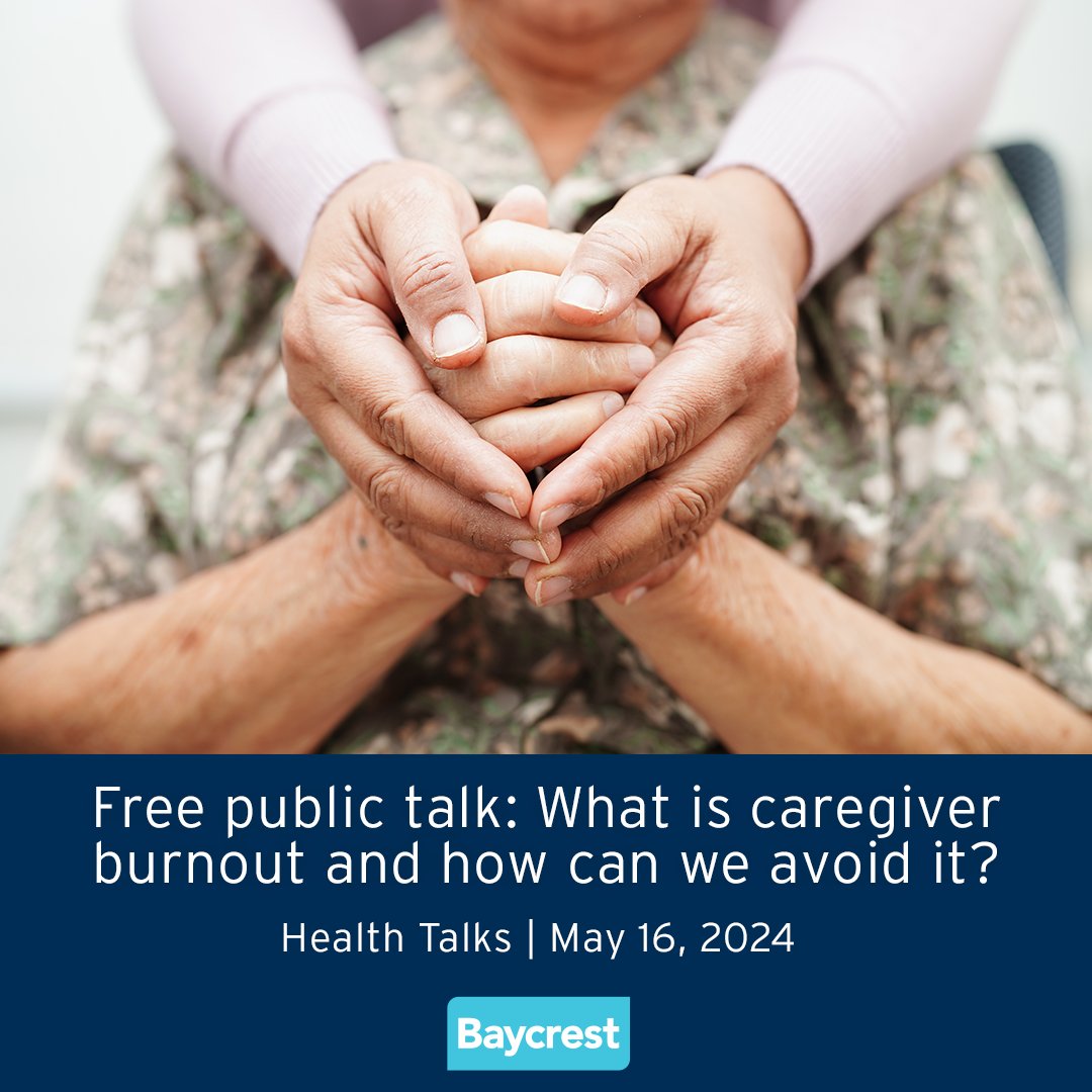Join our free Health Talks session to learn what causes caregiver burnout and how to identify and manage symptoms. When: May 16 11 a.m. - 12 p.m. Where: Baycrest’s Centre for Health Information and virtually. Details: baycrest.org/healthtalks