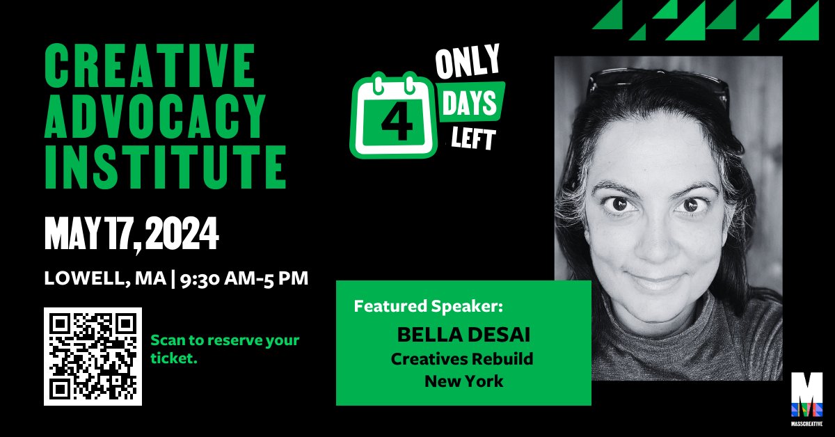 MASSCreative's tweet photo. Tickets are still available for this Friday's Institute! Workshop leaders include Bella Desai of @ArtsCRNY, who's leading a session about their guaranteed income and artist employment programs. Register to attend Bella’s workshop. #CAI2024 #CreateTheVote https://t.co/GqetxC0OjA https://t.co/5McShL6bdL