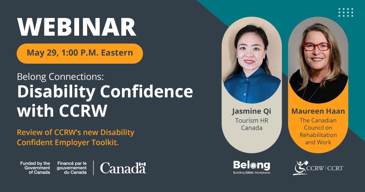Join us during National AccessAbility Week for our new Belong Connections webinar series!

The Canadian Council on Rehabilitation and Work (<a href="/CCRW/">CCRW</a>) will highlight services &amp; supports, including their new Disability Confident Employer Toolkit.

Register: bit.ly/4aeZogZ