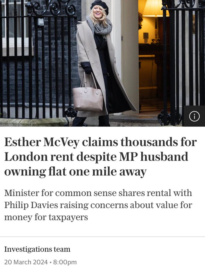 Both Esther McVey and her husband MP Philip Davies claim £1,625 a month each in rent for Flats less than a mile apart this has cost you over £250,000 in total. Is the Minister for Common Sense, engaging in expenses fraud?
