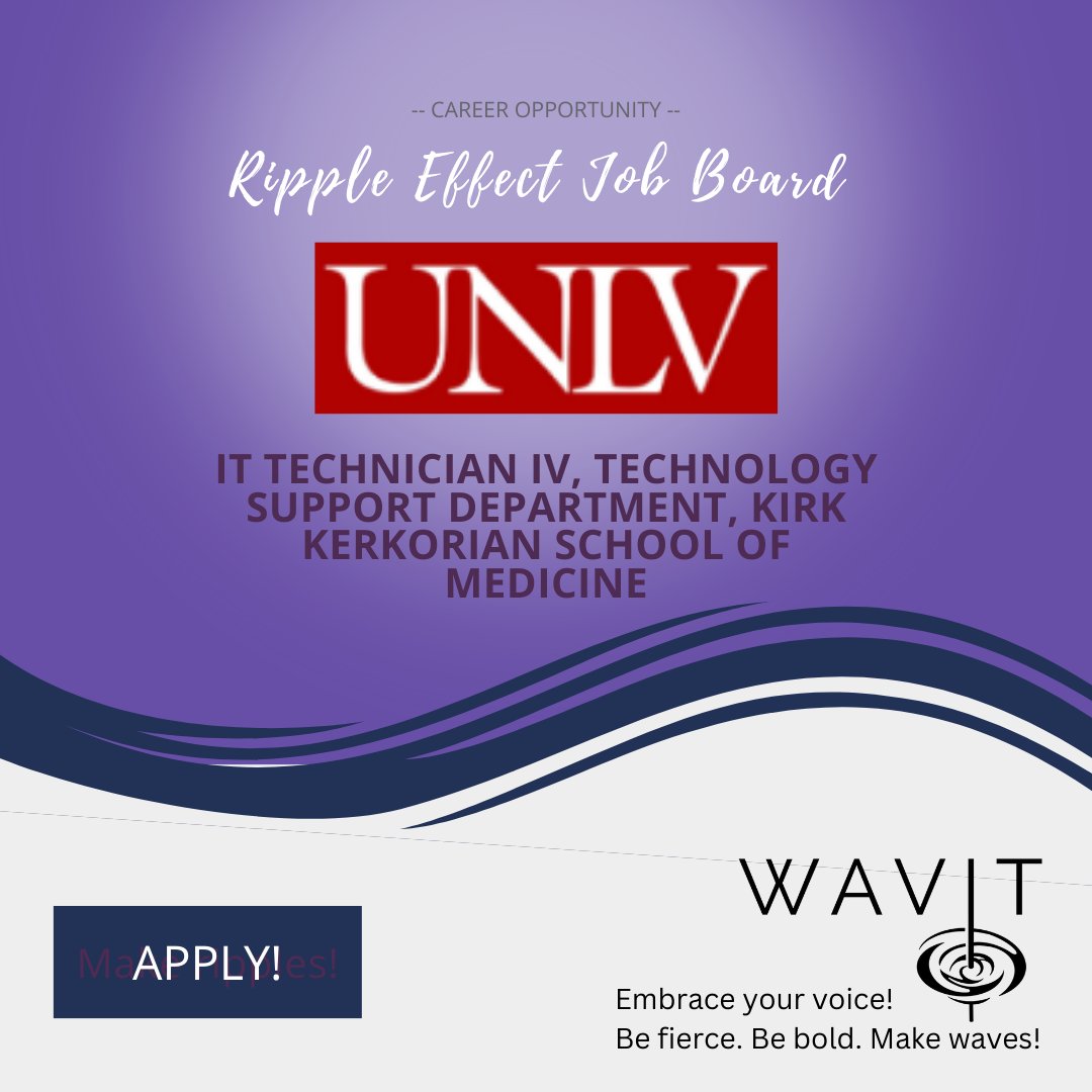 Your next tech role awaits at UNLV! Discover it on our Ripple Effect Job Board by #WAVIT. Apply for IT Technician IV before the deadline!

ow.ly/5MNg50REMSf

#RippleEffect #WAVIT #AVtweeps #ProAV #RipplesMakeWaves🌊 #BeFierce💪#BeBold✨#MakeWaves🌊 #WomeninTech