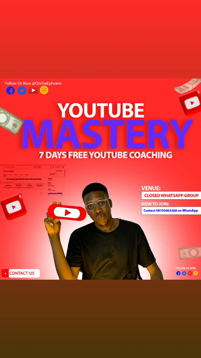 Ready to take your YouTube game to the next level? Join me for a week of personalized coaching sessions. Learn how to grow your audience, boost engagement, and make money on YouTube. 
 #YouTubeCoaching #FreeCoaching #GrowYourChannel #YouTubeTips #NaijaYouTubers #OnlineCoach