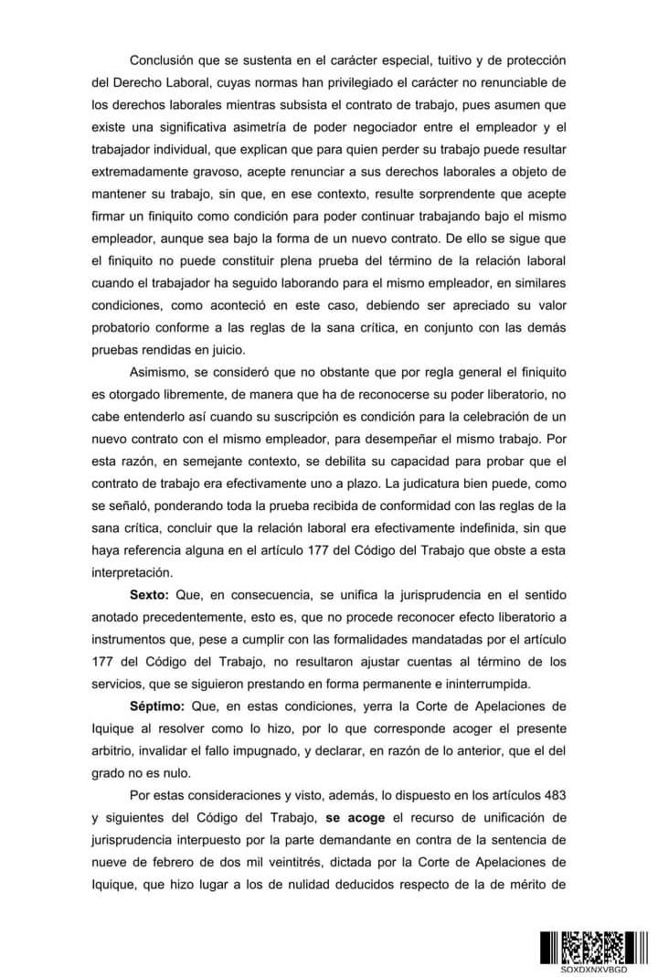 Corte Suprema acoge RUJ y reitera que el finiquito no será plena prueba del término del contrato de trabajo si es coetáneo a una nueva contratación en términos similares, porque implicaría una renuncia de d°s con relación vigente

Rol 33435-2022
Vía jurisprudencia laboral chilena