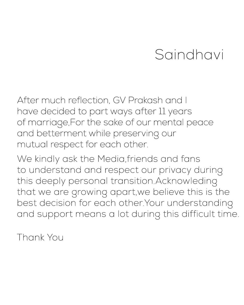 An official statement from #GVPrakash & #Saindhavi