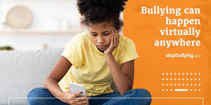 Common places where cyberbullying occurs: 📱Social media 🗨️Text messaging & other messaging apps 🌐Online forums & chat rooms 🎮Online gaming communities Learn more about #cyberbullying: go.dhs.gov/3Jc