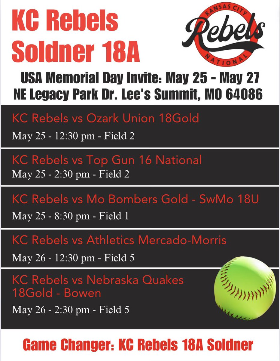 kcrebelssoldner's tweet image. Here’s our Memorial Day Schedule. Come watch this team compete. 10 Uncommited players. 6 2025 and 4 2026.@Raven_Softball @IchabodSB @RockUSoftball @jewellsoftball @EState_Softball @MnuSoftball