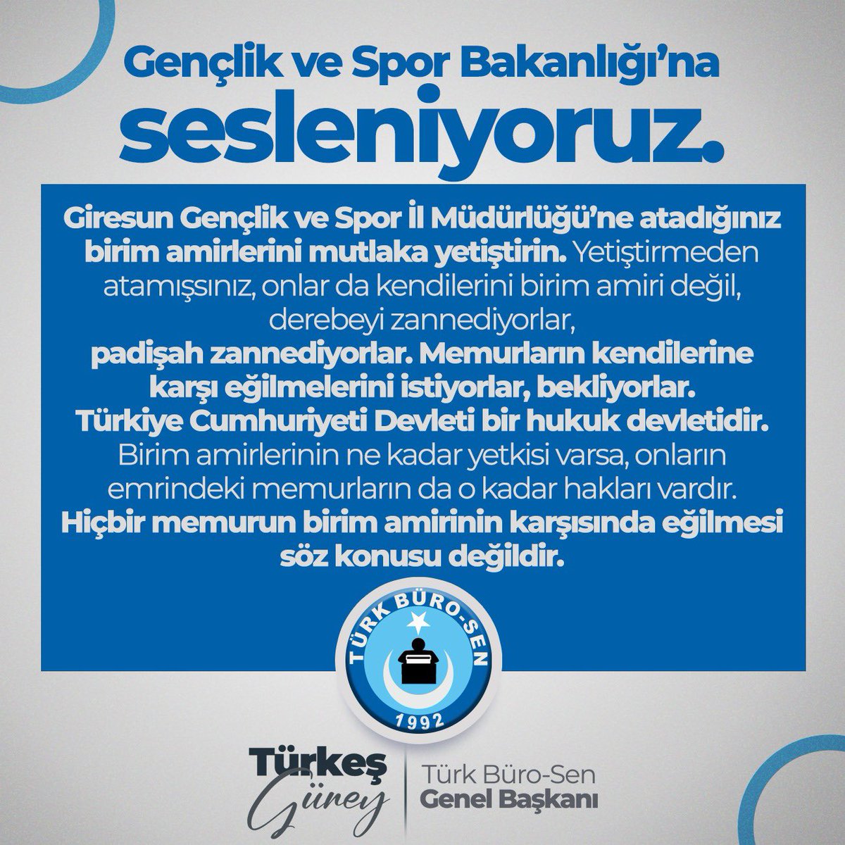 BuroSirnak's tweet photo. Sn.Cumhurbaşkanımız her konuşmasında “millete efendi değil,hizmetkar olmaya geldik” derken, Giresun GSB İl Müdürü “emrindeki memurların,kendisinin karşısında eğilmesini” istiyor. Ey liyakat nerdesin…! https://t.co/X4w3CiSxIM