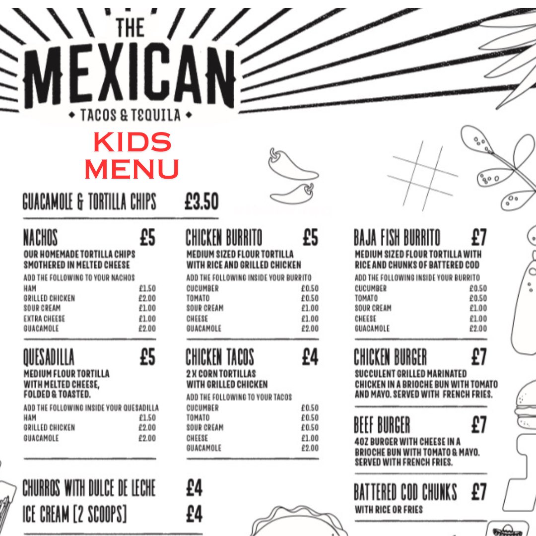 🇲🇽🌯 NO ORDINARY KIDS MENU 🍔🇲🇽 we’ve added some extra dishes to our Kids Menu to keep our mini amigos happy this summer 👌🙌🌞

#hertford #hertfordmums #hertfordshiremums #kidsmenu