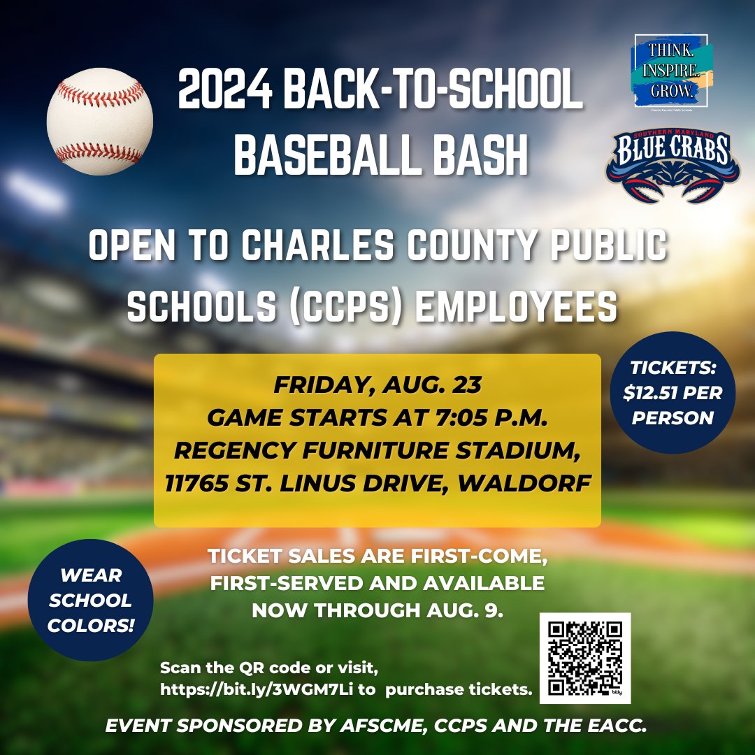 CCPS staff can attend the Back-to-School Baseball Bash at Regency Furniture Stadium in Waldorf on Friday, Aug. 23. Tickets include a two-hour, all-you-can-eat buffet in the picnic pavilion area. Buy tickets here: bit.ly/3WGM7Li. More info: ccboe.com/staff/myccps.