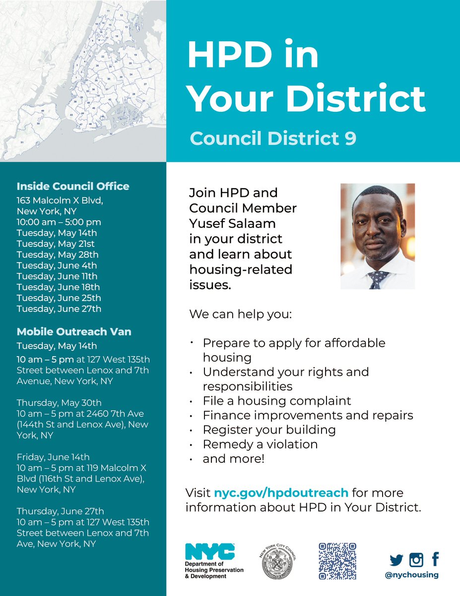 It's HPD In Your District Season! We’ll be providing local residents with info about affordable housing, tenant & owner rights, @NYC311 complaints, and more. Coming up ⬇️ Today: District 7 w/ @CMShaunAbreu Tues: District 9 w/ @dr_yusefsalaam Wed: District 34 w/ @CMJenGutierrez