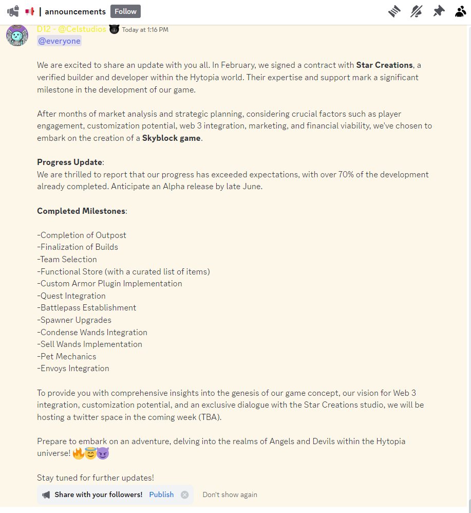 🚨A new and exciting era is about to begin! 🚨

In Partnership with <a href="/StarCreationsMC/">Star Creations</a>, we are developing a Skyblock game within the <a href="/HYTOPIAgg/">HYTOPIA</a> universe. 

Here is the current development status of the game. 
👇👇👇