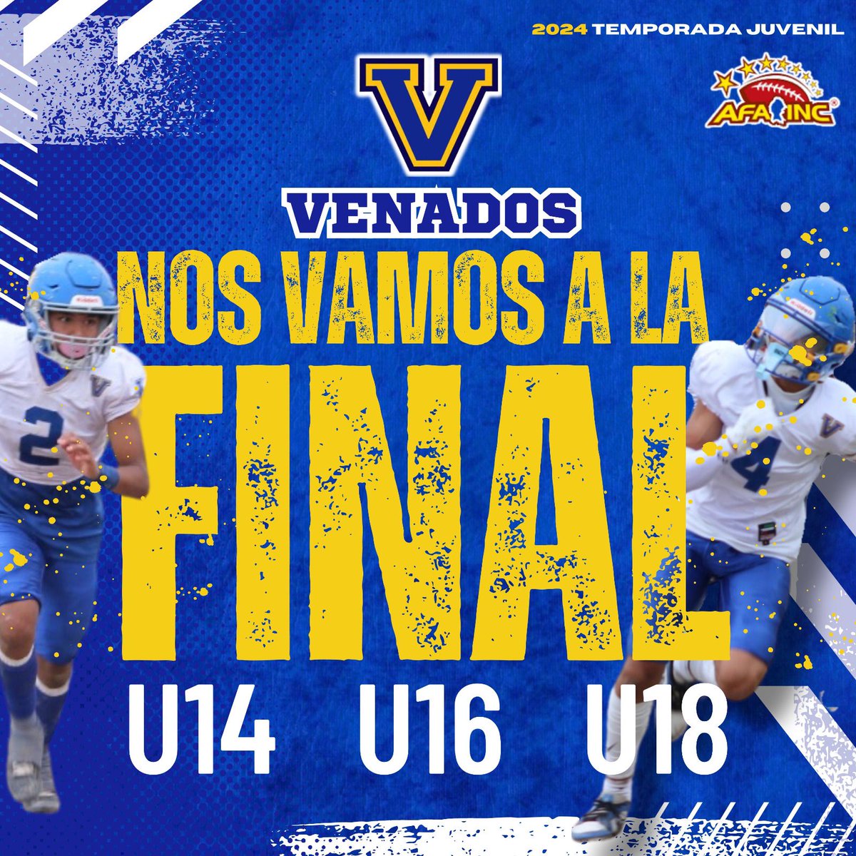 VenadosPN1's tweet photo. #nosvamosalaFinal #AFAINC #3de3
#temporadaJuvenil2024
Las 3 categorías juegan la final este Domingo 19Mayo en Club Armadillos.
Gran desempeño #ClubVenados #cunadecampeones
@poncho_nevarez
#goBlue 💙💛💙 https://t.co/cQXkeyH7v0