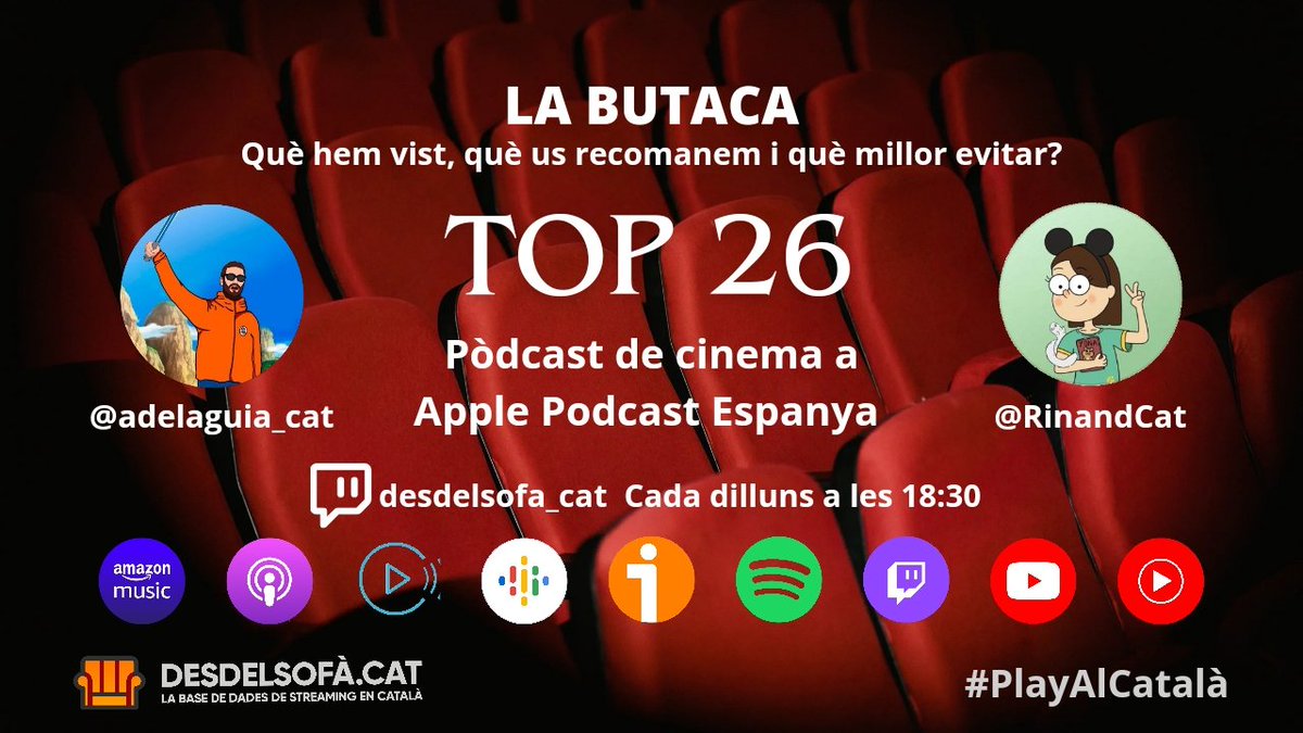 El videopodcast “La Butaca” es col·loca al TOP 26 de pòdcasts de cinema Moltes gràcies a tots els oients per col·locar un pòdcast casolà, de proximitat i en català, sense cap mitjà o empresa al darrere al TOP 26 d'Apple Pòdcasts 🙌🏻🙌🏻 desdelsofa.cat/el-videopodcas…