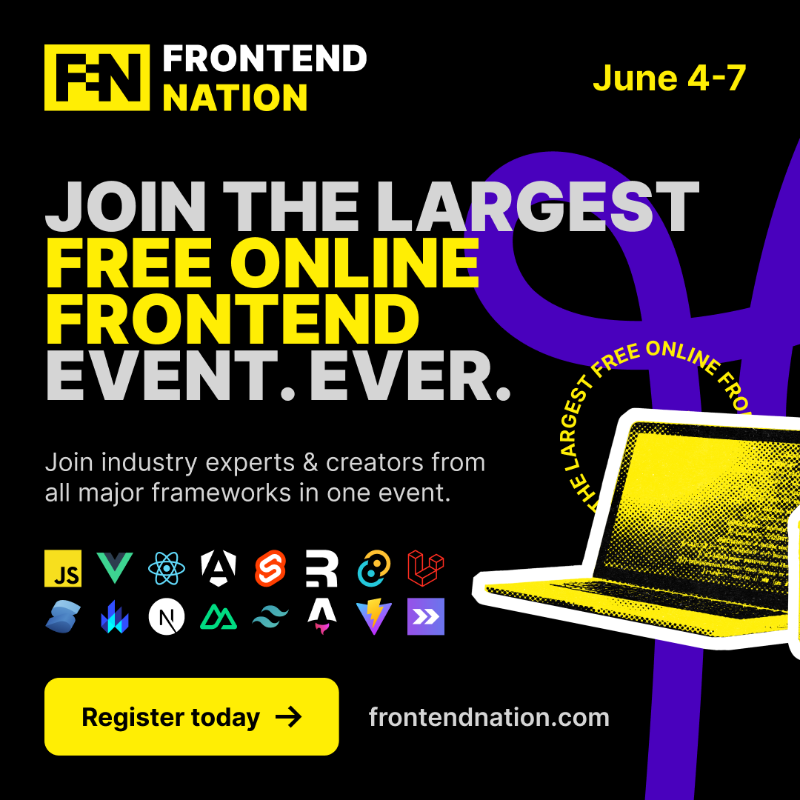 frontendnation's tweet photo. Don't miss the largest most epic gathering for frontend developers ⚡

Master the latest frameworks, learn from the best, &amp; connect with a global community. 50+ speakers &amp; 50K+ developers united in code.

🗓️ June 4-7 

📺 3 days of talks 

🛠️ 1 day of live coding

✅ Free sign-up