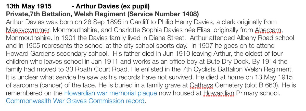It is unclear what service he saw as his records have not survived. He died at home on 13 May 1915 of sarcoma of the face. He is buried in a family grave at Cathays Cemetery (plot B 663) #AlwaysRemembered