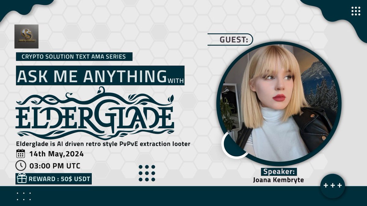 🔊 #TextAMA Crypto Solution Glad To Announce AMA with Elderglade 🦊 ⏰ Date & Time: 14/05/24 AT 03:00 PM UTC 💰Rewards Pool: $50 USD 🎙Guest: Joana Kembryte 🏠Venue: t.me/CryptoSolution… 〽️Rules: 1⃣ Follow @CryptosolutionG and @Elderglade 2⃣ Like & Retweet 3⃣ Comment