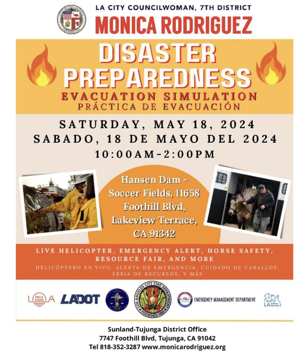 LAKE VIEW TERRACE - Those living in foothill neighborhoods of the northeast #SanFernandoValley and other @LACity communities historically impacted by #wildfire, are encouraged to attend a #DisasterPreparedness Evacuation Simulation and Resource Fair coordinated by City
