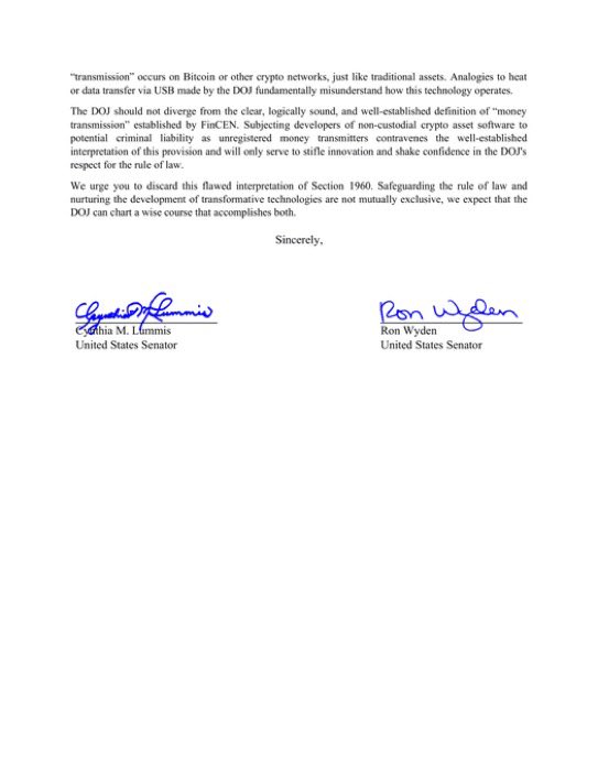 JUST IN: 🇺🇸 Senators Lummis and Wyden send bipartisan letter urging President Biden to stop “threatening to criminalize Bitcoin software development in America.” 🤝