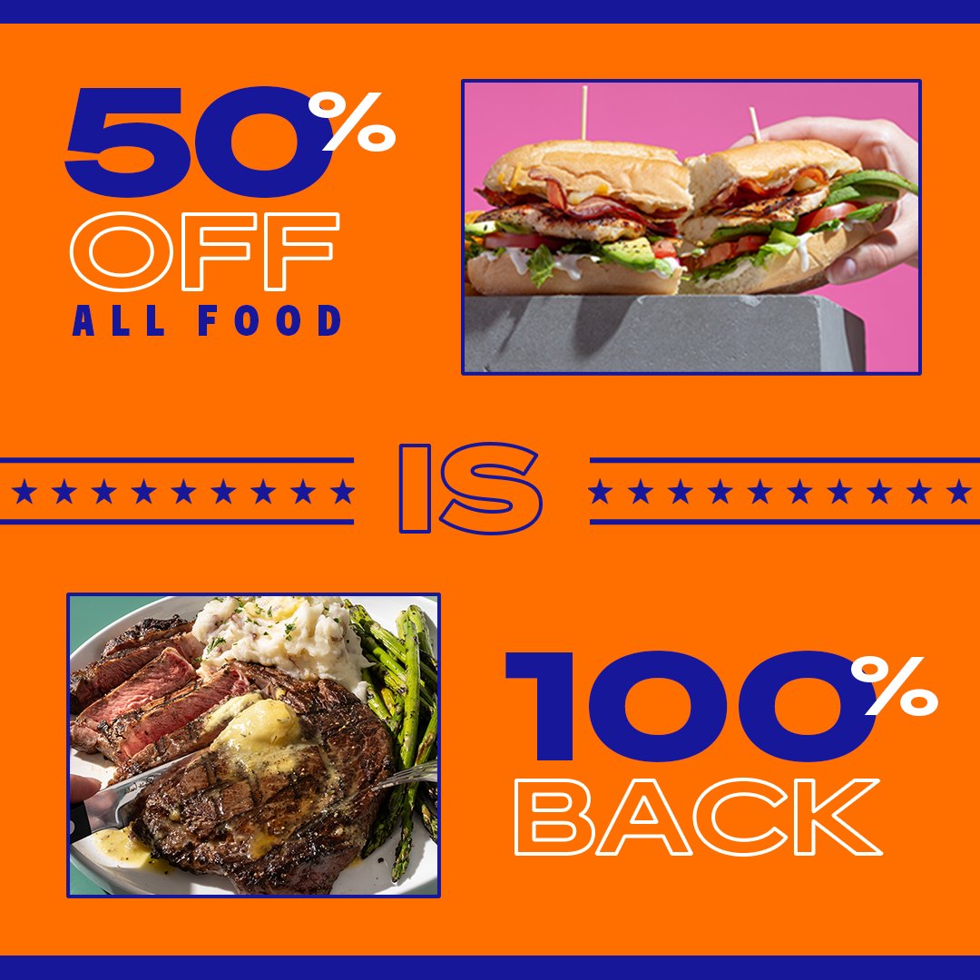 For a limited time only, 50% off all food is back on the menu. Enjoy half off all new food items and your favorite classics every Monday through Thursday.