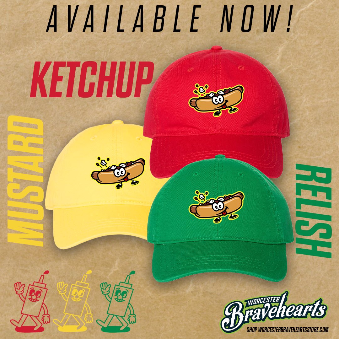 Love hot dogs and the Bravehearts? Ketchup, Mustard, Relish hot dog hats are HERE! 🌭🧢 Get yours today ⬇️ 🛒 worcesterbraveheartsstore.com/product-page/k…