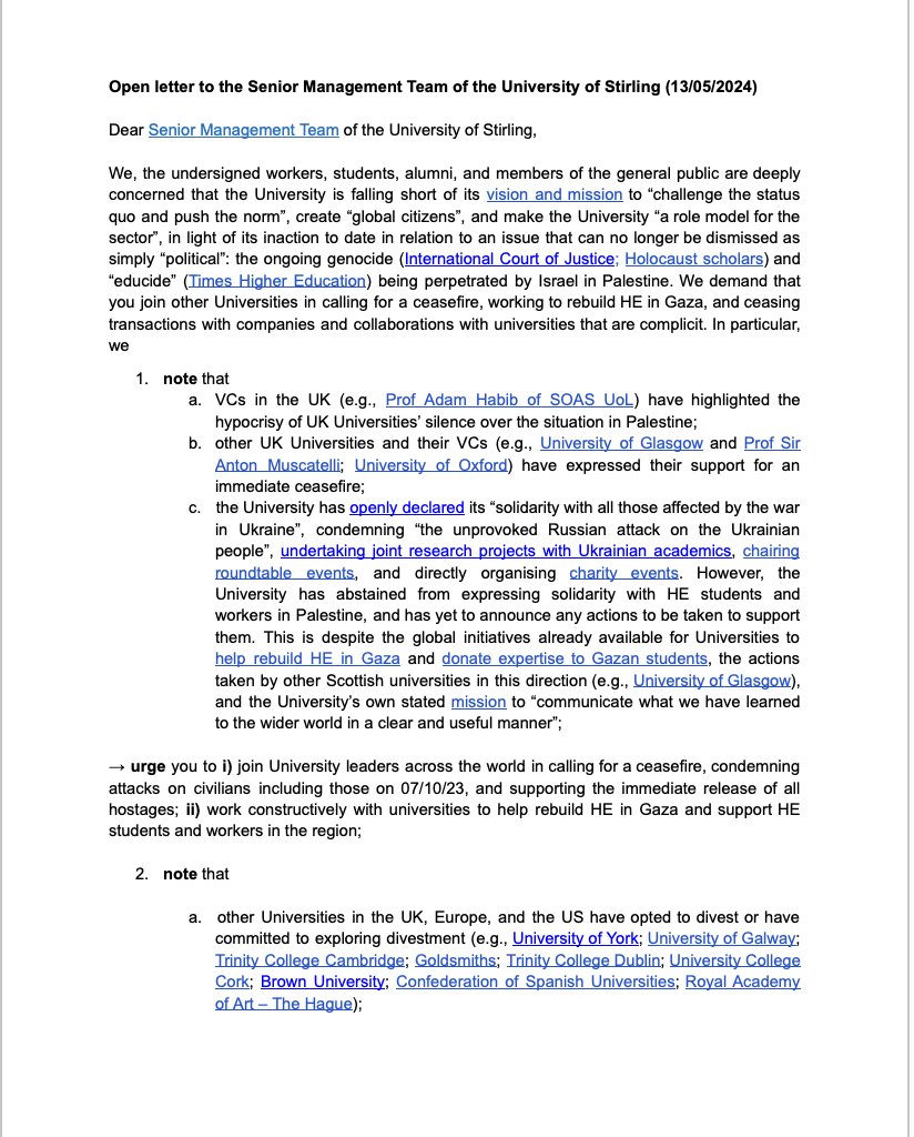UCU_Stirling's tweet photo. Stirling Staff, Students, Alumni, and supporters: please sign and circulate this open letter calling on our University management to speak out and take action in support of colleagues &amp; students undergoing genocide &amp; educide in Gaza https://t.co/NHaYzxS3d8