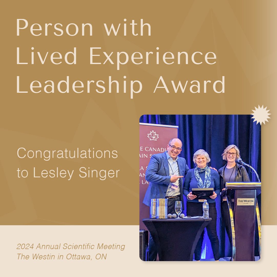 Congrats to Lesley Singer on receiving the Person with Lived Experience Leadership Award at the 2024 Annual Scientific Meeting! 🎉