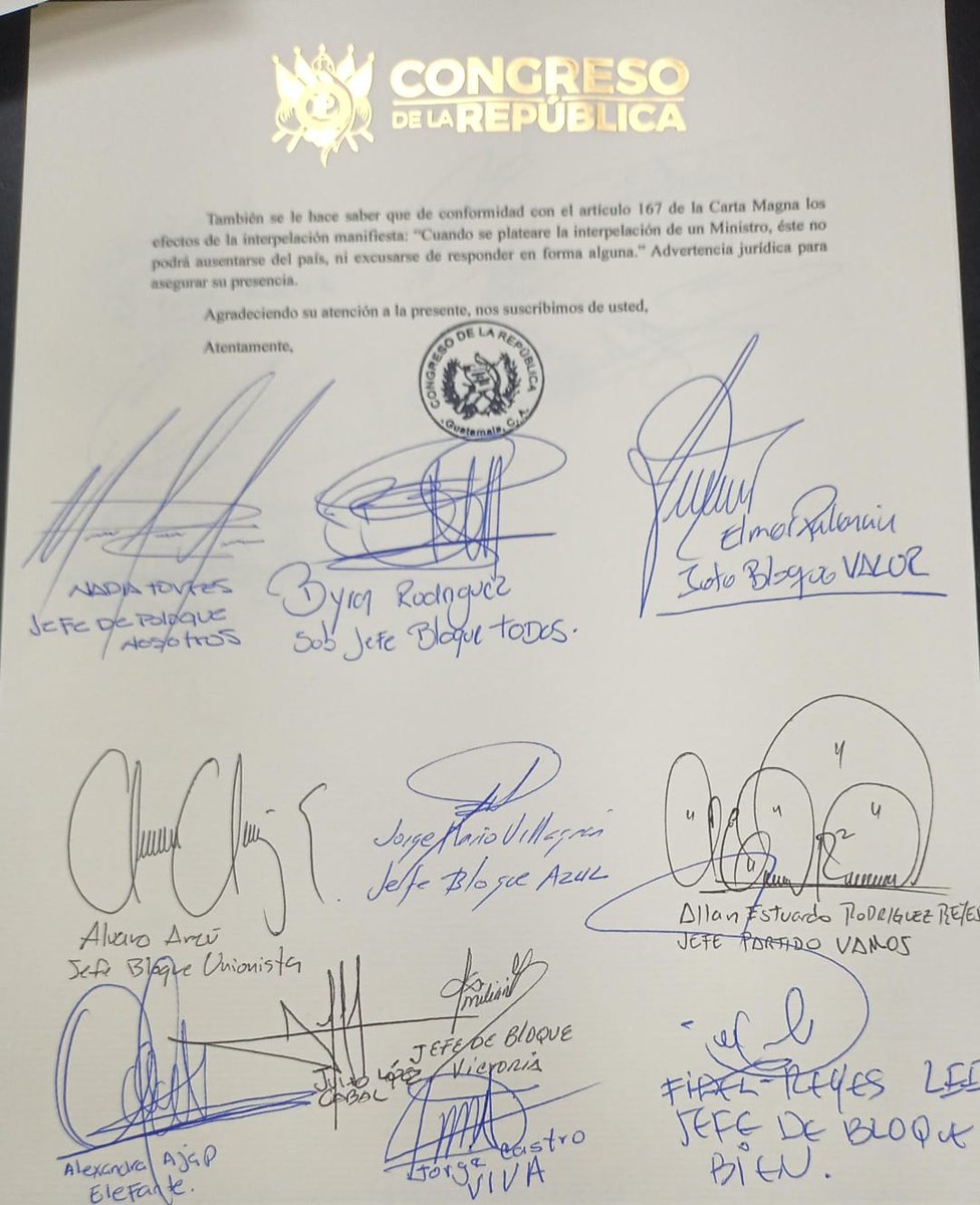 CanalAntigua's tweet photo. Se confirma por parte de Presidencia del Congreso, que 12 de 16 bloques Legislativos han solicitado la Interpelación en contra del Canciller Guatemalteco, Ramiro Martínez, luego del voto de Guatemala en favor de Palestina. Los únicos bloques que no se han sumado son; CREO, WINAQ, VOS y UNE, además de los diputados Independientes del suspendido bloque Semilla ⬇️

#Congreso #RamiroMartínez #Interpelación