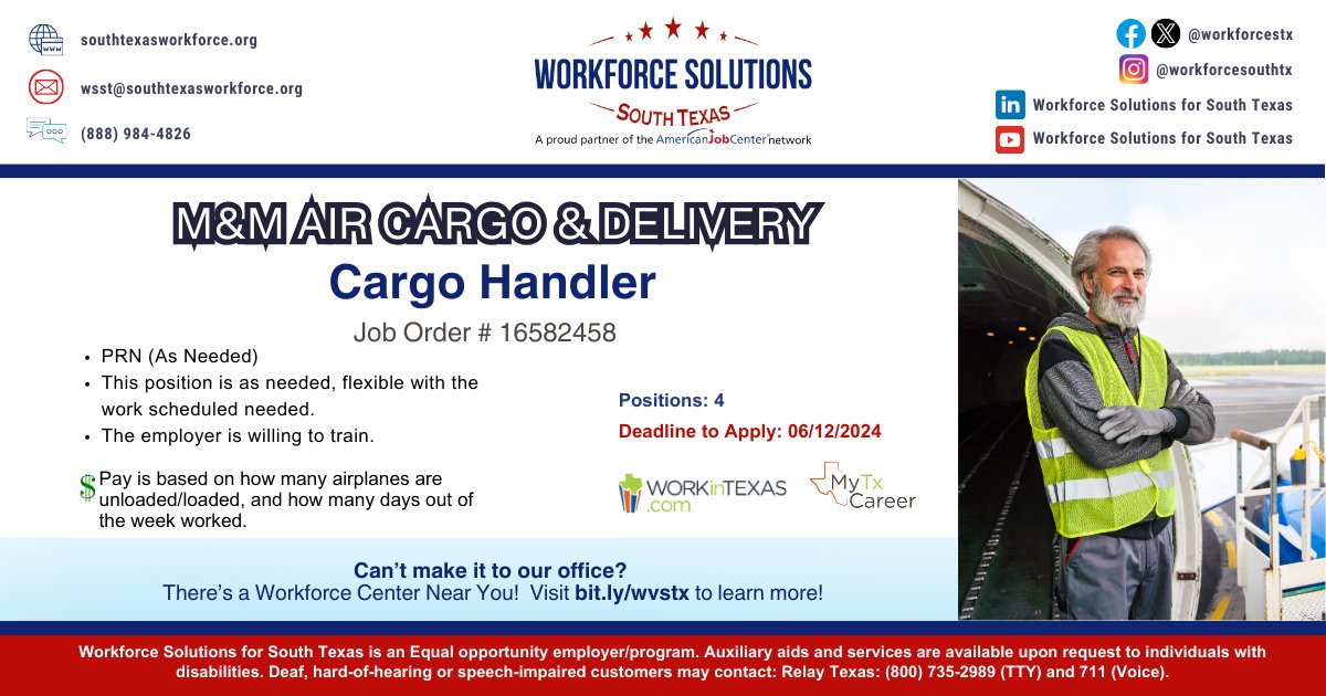 WorkInTexas - Job Listing (Cargo Handler) tinyurl.com/ym3mg76d 

#cargo #morejobs #jobsnow