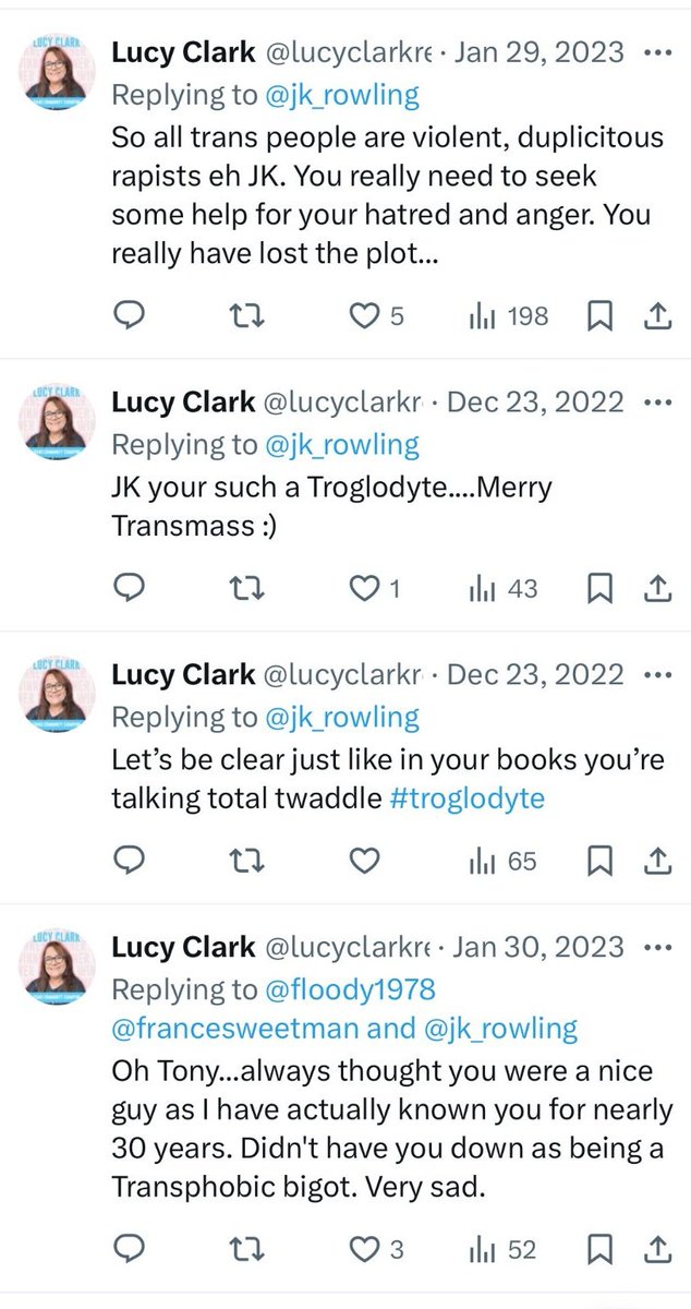 cavakaggy's tweet image. Lucy Clark (The male ref) has been dishing out abuse to @jk_rowling for years.
@Glinner @Serena_Partrick