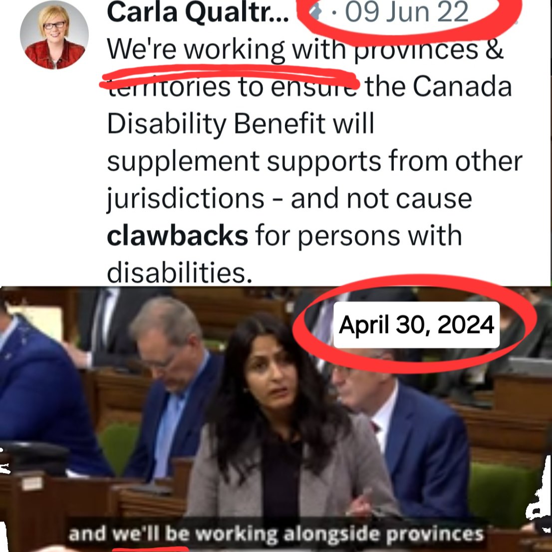 How is it that the @liberal_party WAS WORKING WITH Provinces/Territories, but 2 YEARS LATER they say 'WE'LL BE working...' with them so there's no clawbacks to the #CanadaDisabilityBenefit?

Did #Canada’s #Disabled/#PWD slip through some sort of space/time wormhole?
#DERB