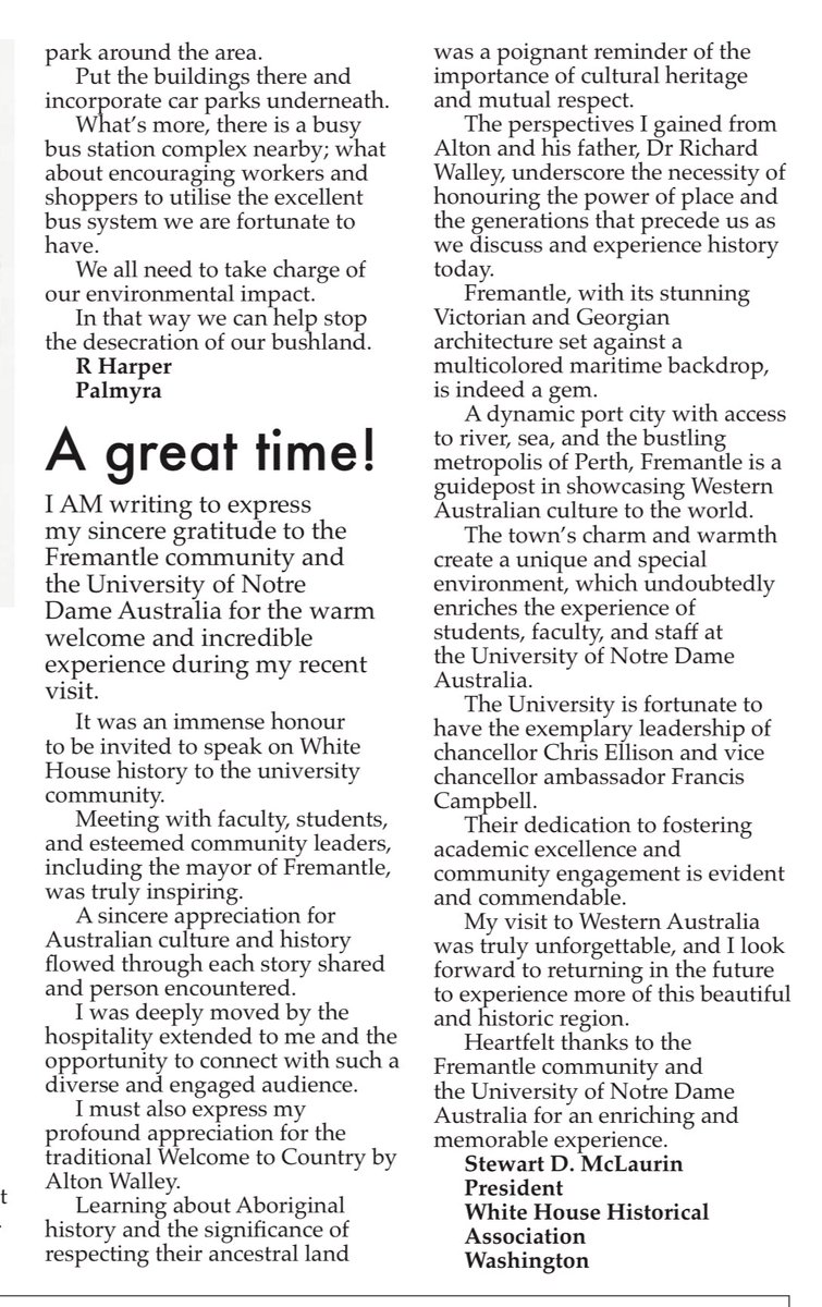 My letter to the Fremantle Herald with gratitude to the @notredameaus for my extraordinary visit to their campuses in Fremantle and Sydney. This is a wonderful university and community of students, scholars, faculty and administrators.