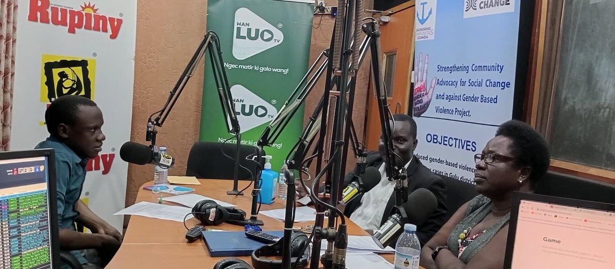 Happening now.. Radio talk show at @RupinyRadio with the DHE,SPO and our project Coordinator discussing the burden #GBV has created in Gulu. Thus awareness creation and advocacy against #VAGW and negative social norms. @amplifyfund donor.