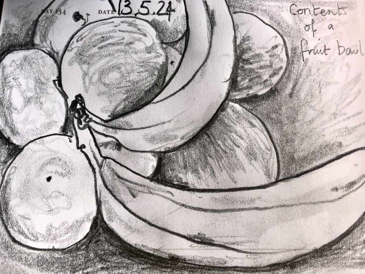 Venster67's tweet image. One Sketch A Day 13.5.24
‘Contents of a fruit bowl’
#fruitbowl #fruitstudy #stilllife #onesketchaday #sketchbook #visualjournal #art #illustration #pencilsketch