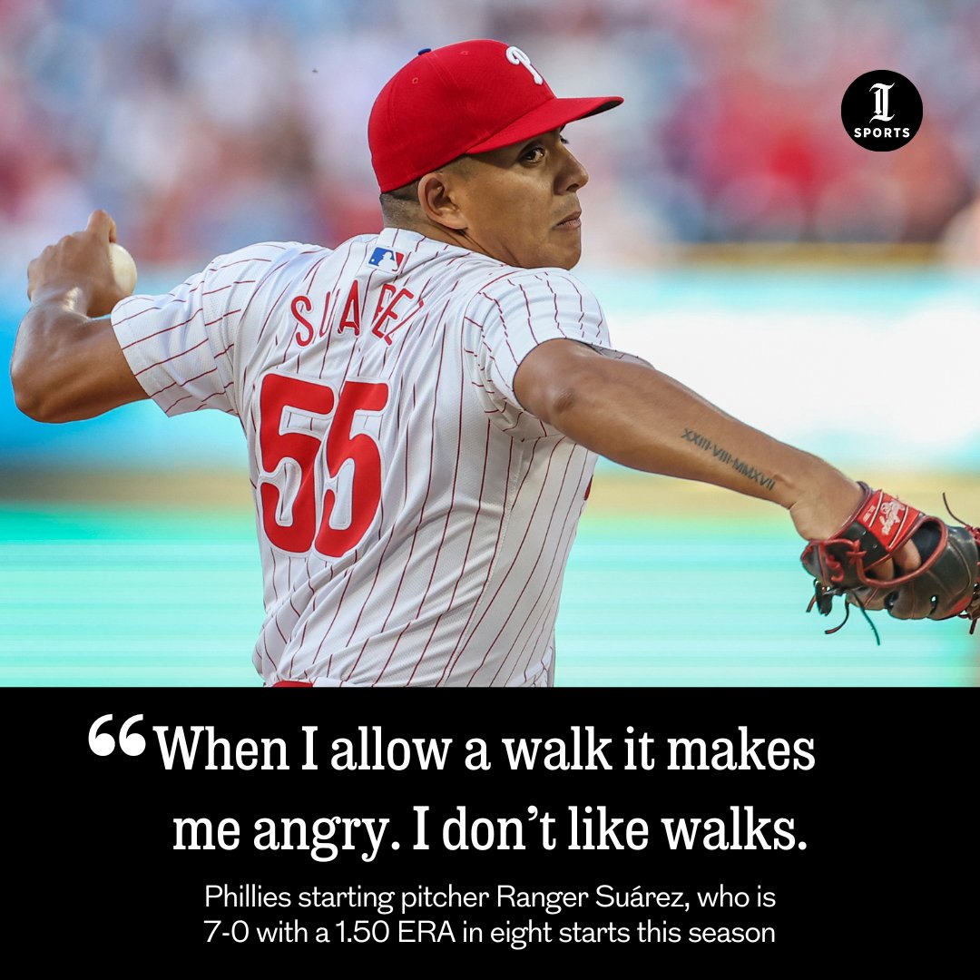 Ranger Suárez is stoic on the mound, but that doesn't mean he doesn't feel anything. He says there are moments when he gets 'angry.' Why? “When I allow a walk it makes me angry. I don't like walks.' Luckily for him, he's allowed only eight this year: inquirer.com/phillies/range…
